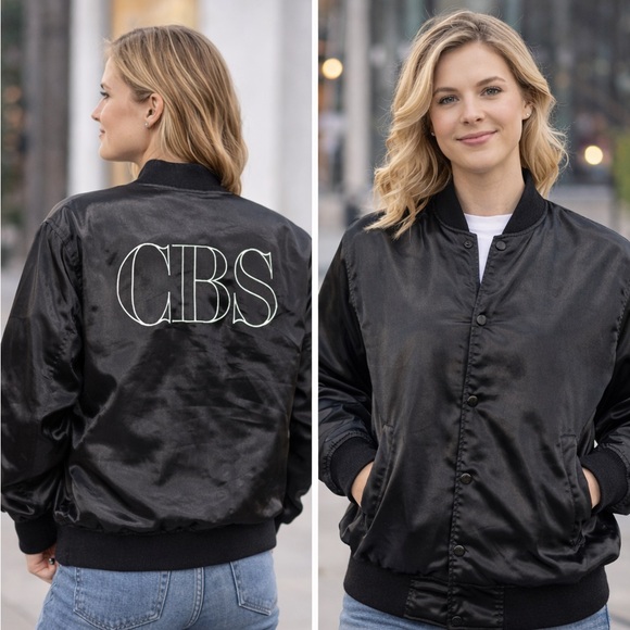 Unbranded Jackets & Blazers - Vintage CBS Satin Bomber Jacket Black Snap Front Crew Style 80s–90s TV Network